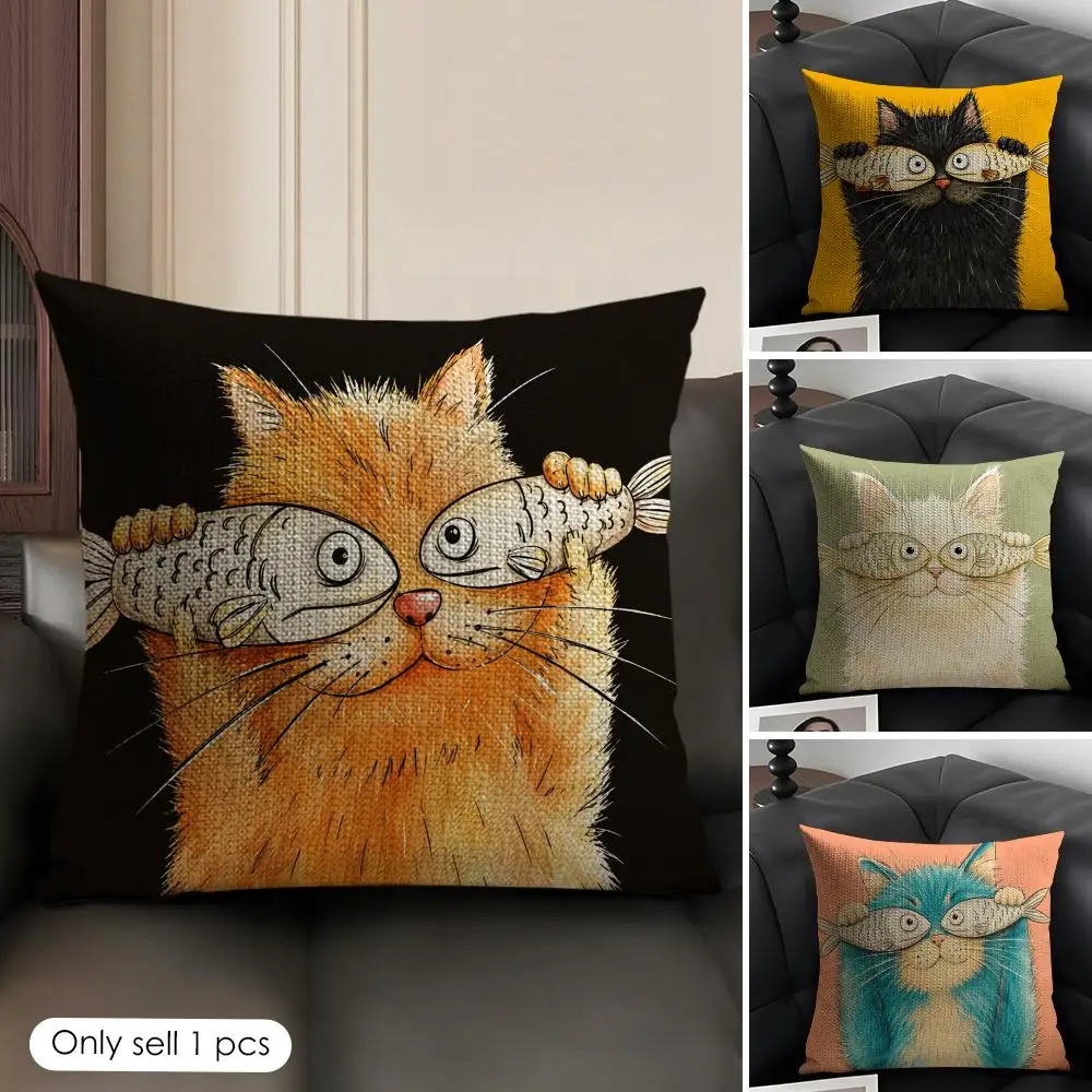 Cushion Cover Cat Holding Fish Linen Organic Fabric Double-Sided Printing Sofa Breathable Home Decor Gift Pillow Case
