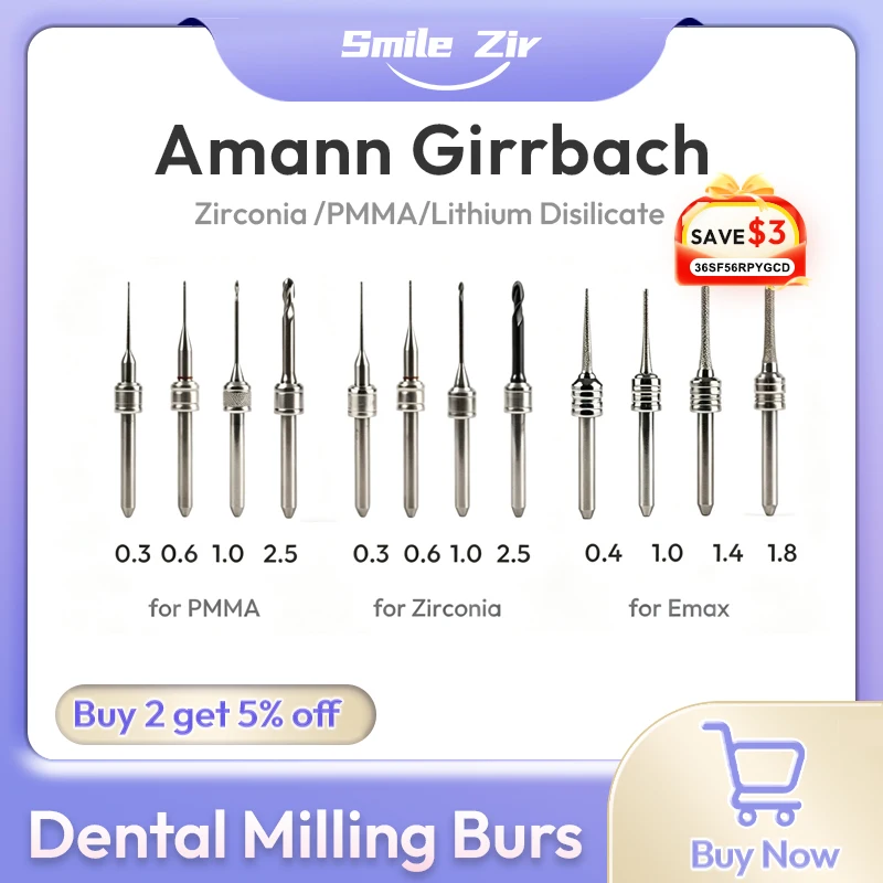 

Amann Girrbach Dental Milling Burs D3 for Zirconia Lithium Disilicate PMMA Diamond DC NC Coating CAD CAM Dental Lab Drills Tools