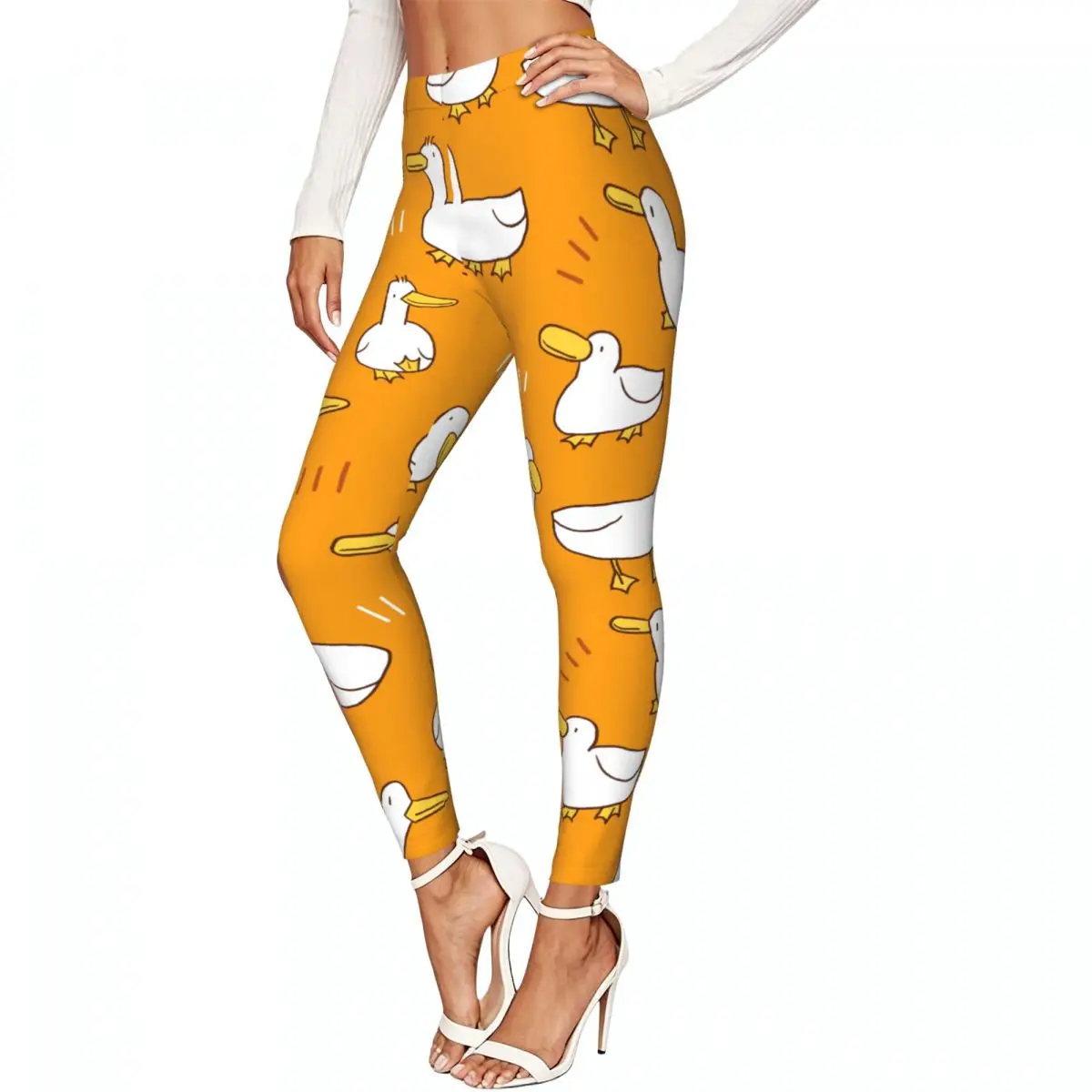 Ladies Elastic Waist Skinny Leggings Lovely White Goose Trousers For Daily Outdoor