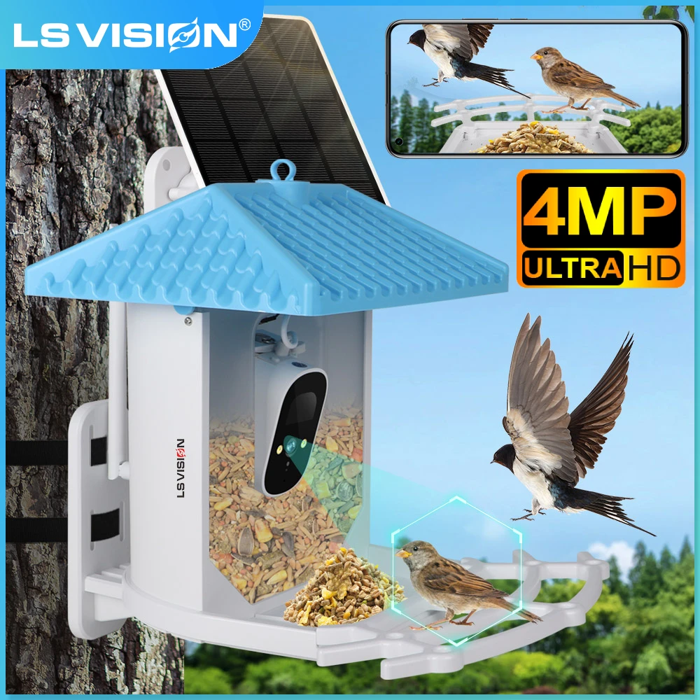 LS VISION 4MP Smart Bird Feeder Camer Outdoor Solar Powered Battery WiFi Wireless Camera AI Smart Identify Bird Specifies 10000+