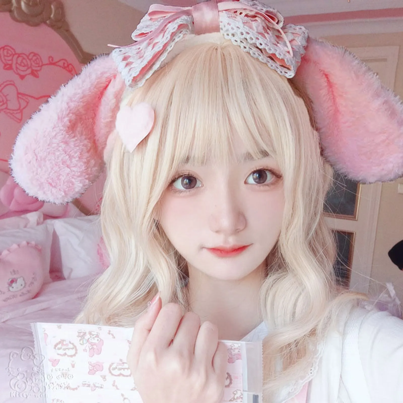 Pink Plush Headband Kawaii Bunny Ears Lolita Girls Headwear Japanese Cute Sweet Hair Accessories Pink Jk Girls Bow Hair Holder