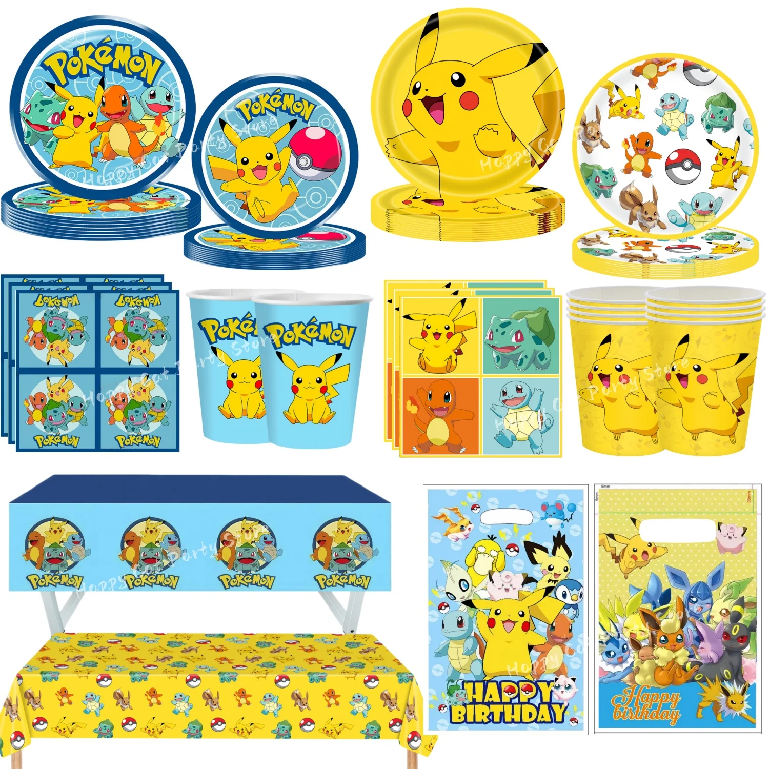

Decoration Pokemon Birthday Party Hats Pikachu Disposable Tableware Tablecloth Cup Plate Napkin Baby Shower Party Favors Pokemon