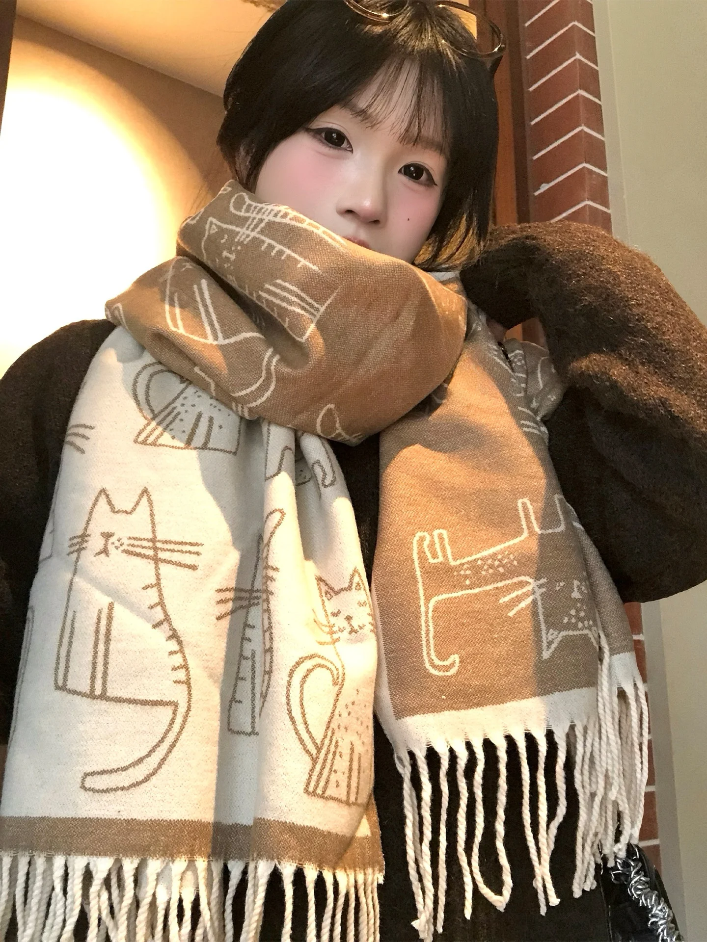 Adorable Tassel Scarf Women's Double-Sided Wearable Versatile Warm Neck Protection Scarf Shawl Two-In-One Autumn Winter