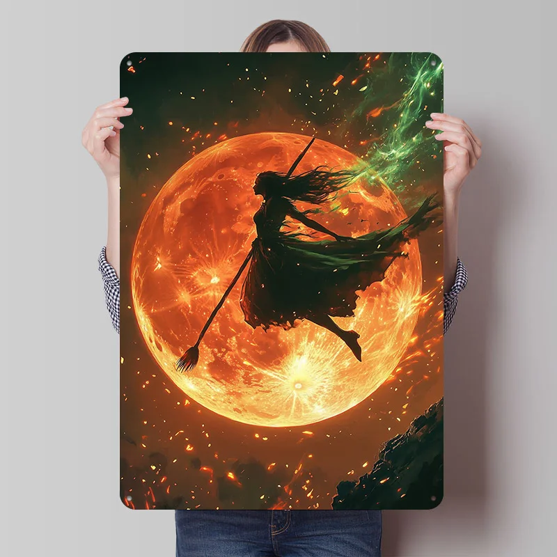 Flying Before a Fiery Moon Printed Poster Customizable Wall Art Retro Vintage Metal Tin Signs for Home Room Decoration Gaming