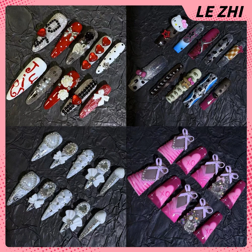 

Y2K Spicy Girl Hello Kitty Long Stiletto Coffin Duckbill Handmade Press On Nail Flowers Bowknot Diamond Pearl Wearable Fake Nail