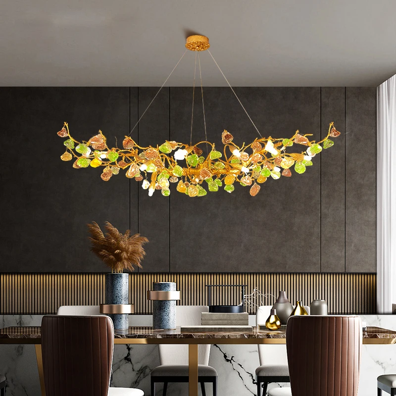 2020 new light luxury art creative colored glass stone all copper branch dining room chandelier French post modern lamps