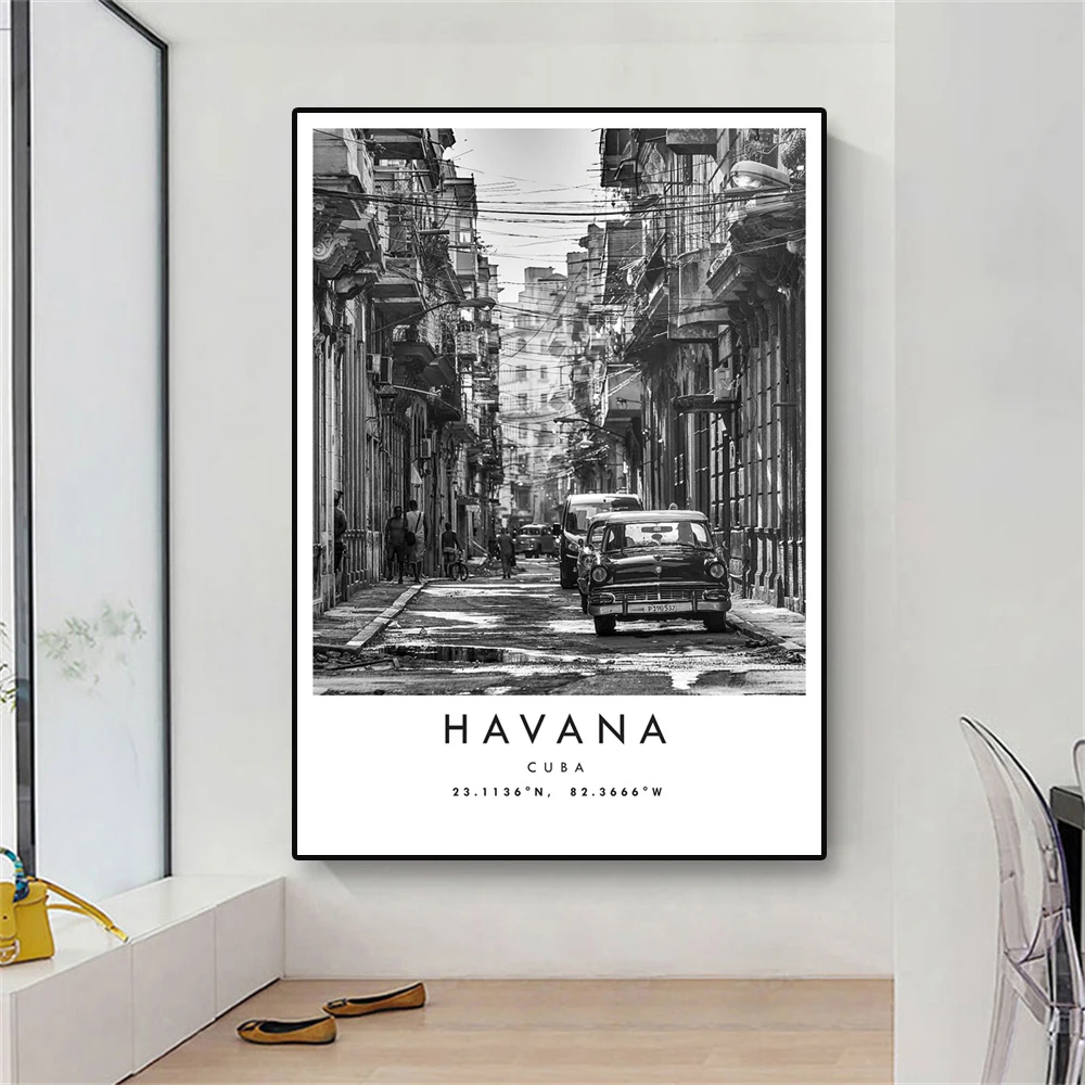 

Modern City Havana Travel Print Poster Cuba Poster Wall Art Black and White Coordinates Canvas Painting Popular Home Decoration