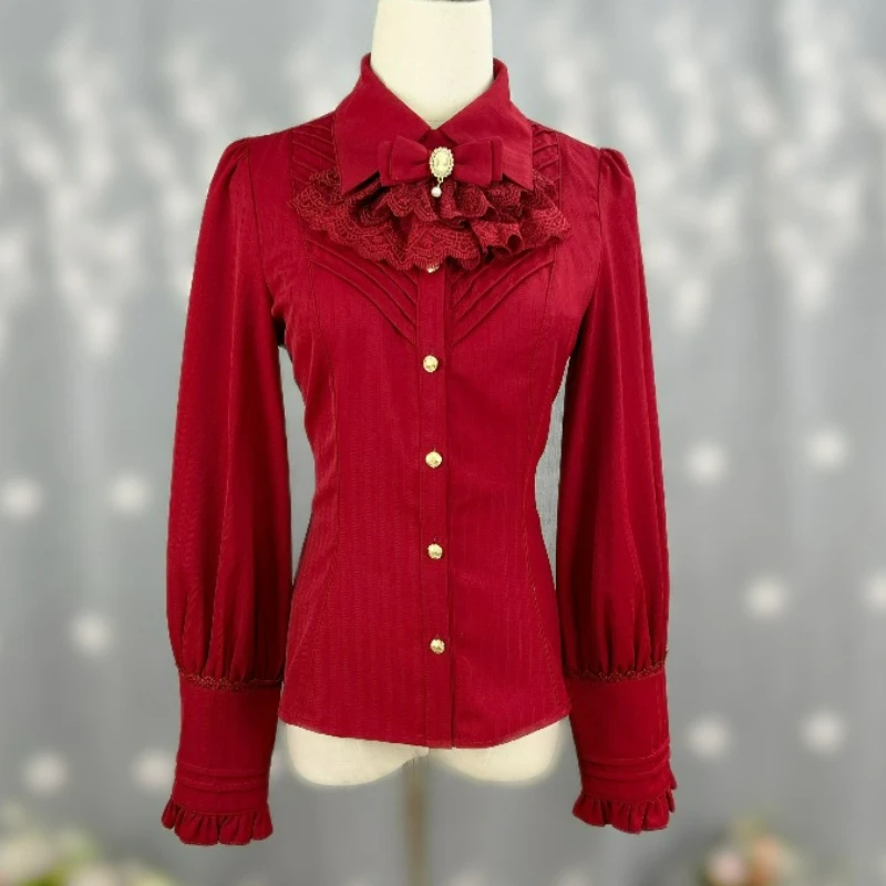 

Винтажные рубашки в стиле Лолита для женщин, готические блузки Y2K с бантом, кружевом и оборками, с отложным воротником, японские милые элегантные топы