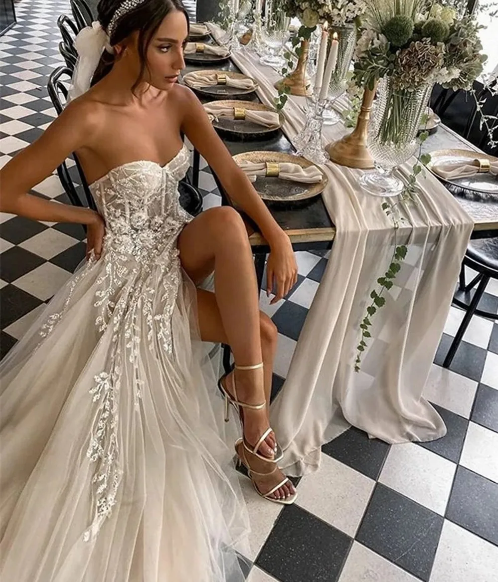 

Sexy Beach Wedding Dresses For Bride Elegant Sequined Lace Strapless Sleeveless High Split Princess Boho Bridal Party Gowns