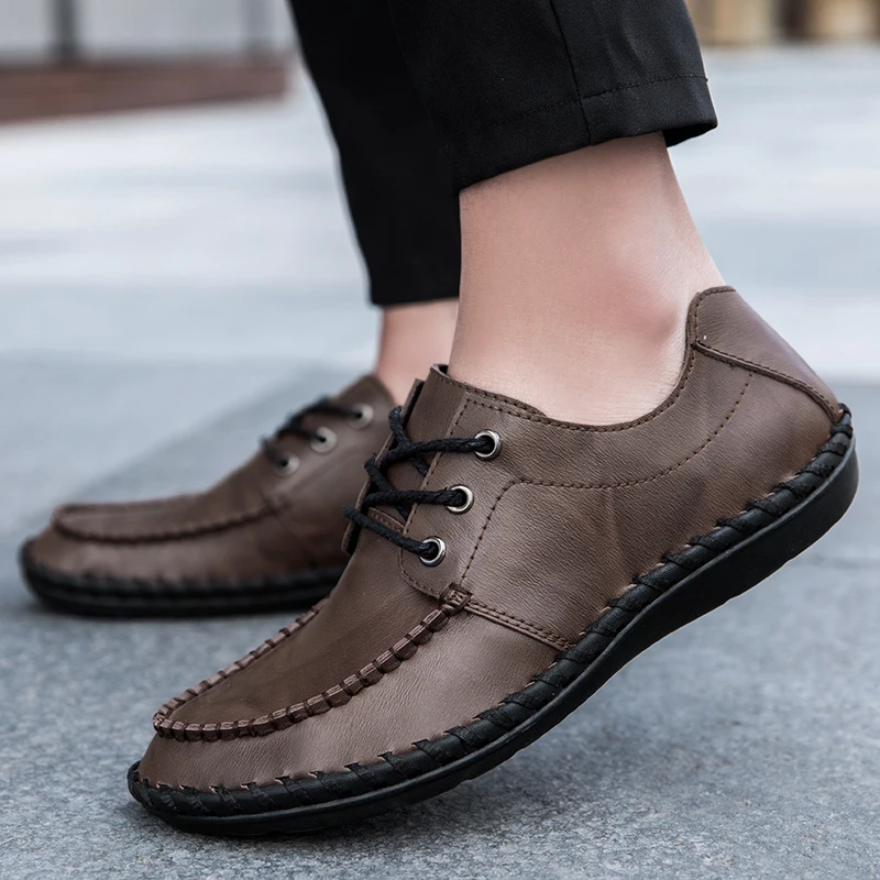 STRONGSHEN Men Casual Leather Shoes Brand Breathable British Mens Sneakers Fashion Lace Up Soft Flats Driving Shoes Peas Shoes