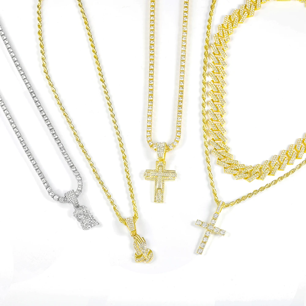 Stylish Hip-hop Punk Necklace Set Iced Out Inlay Diamonds Cross Jesus Pendant Cuban Chain Tennis Chain Men Women Jewelry Gift