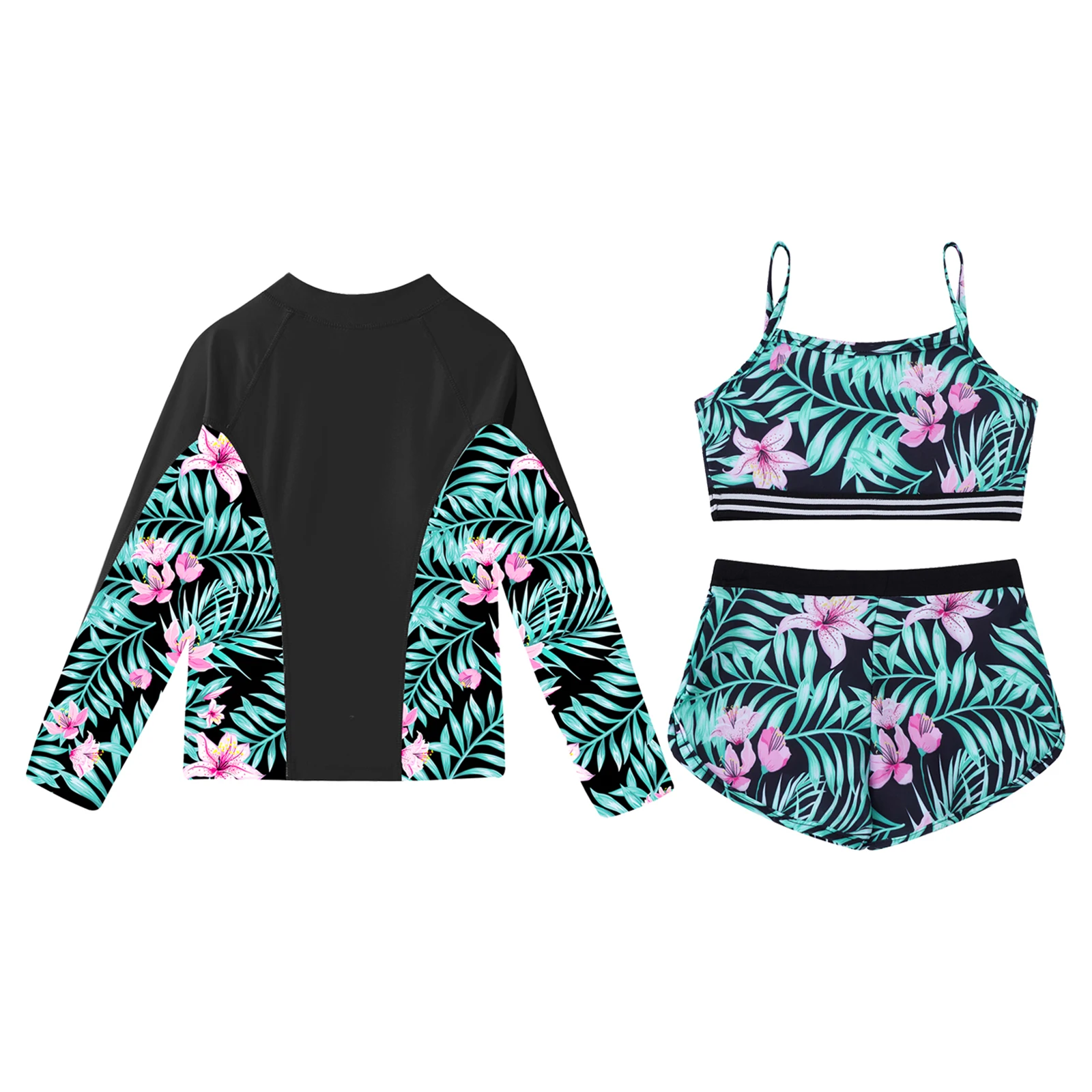 Kids Girls Print Swimsuit 3Pcs Long Sleeve Swim Tops with Vest Crop Tops Shorts Swimwear Rash Guard Bathing Suit Pool Beachwear