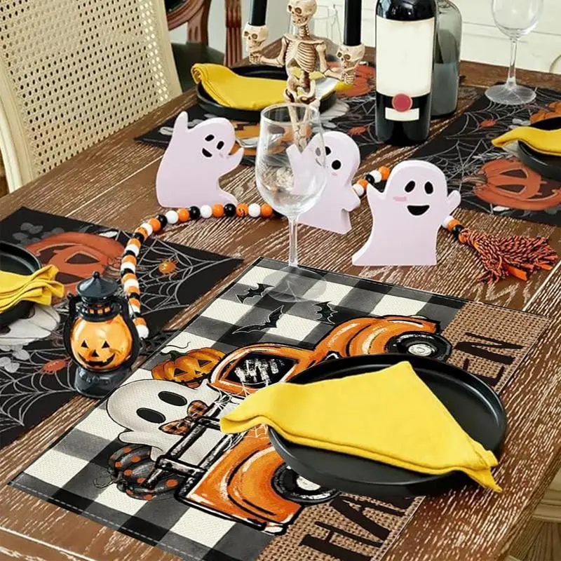 Placemats Halloween Spider Web Pumpkin Bat Gothic Placemat 4PCS Reusable Non-slip Insulation Mat 45x30cm Farmhouse Halloween