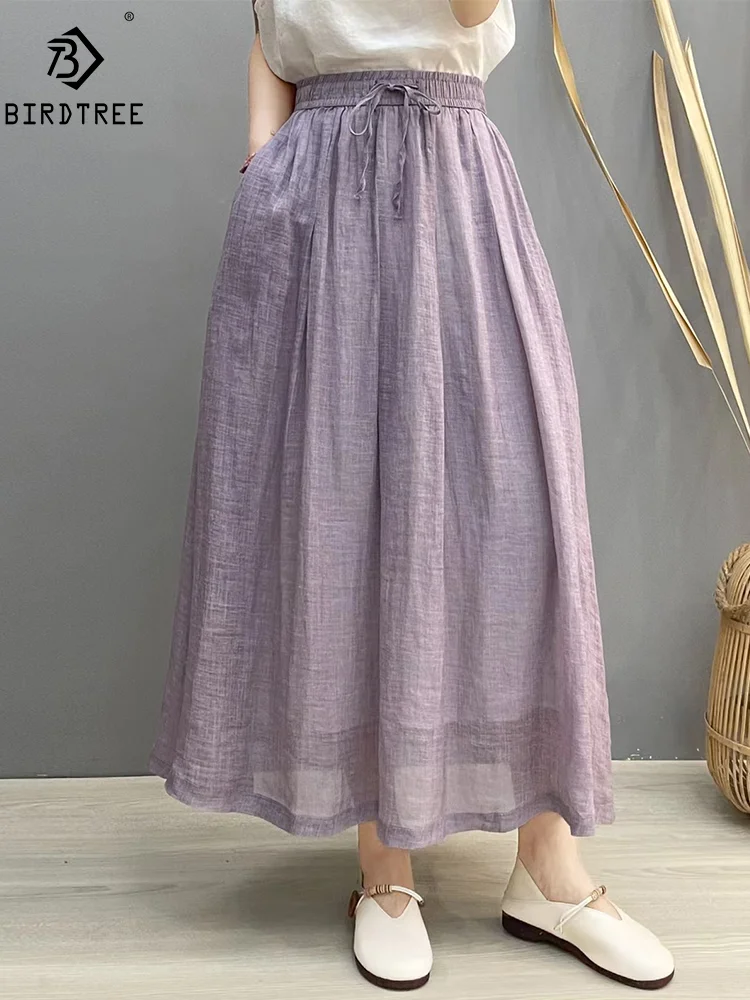 

New Summer Ramie A-Line Skirts Women Elastic Waist Lace-up Solid Color Skirt Mori Girl Sweet Loose Skirt 2024 Autumn B46403QM