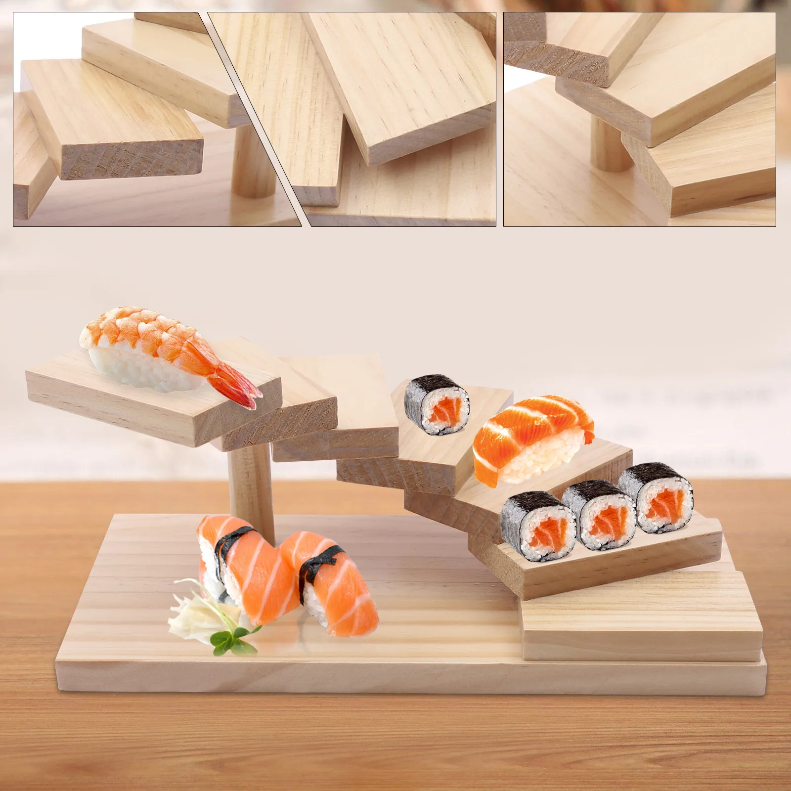 7 Tiers Wooden Staircase Sushi Dish Rack Japanese Sushi Display Rack Stand