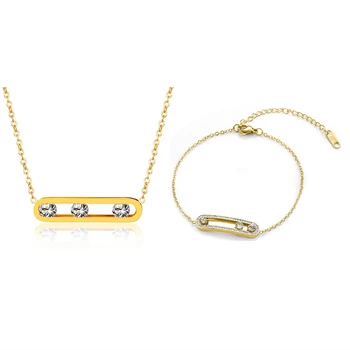 Aço titânio não desbota colar pulseira feminino retangular banboo pingente zircão clavícula corrente banhado simples 2 pçs/set jóias