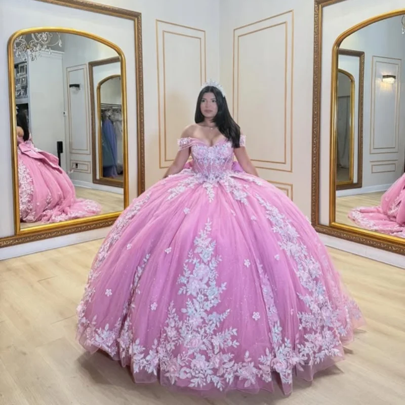 

Shiny Pink Quinceanera Dress glitter flower Decal Long tail Big Bow Vestidos De 15 Quinceanera ﻿Customize