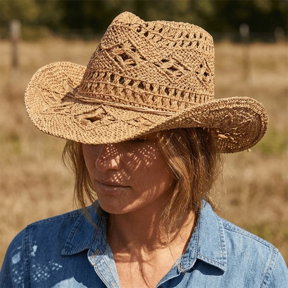 Unisex Hollow Out Bohemian Straw Hat Wide Brim Shell Decoration Beach Hat Vintage Style Foldable Sun Cowboy Hat Holiday