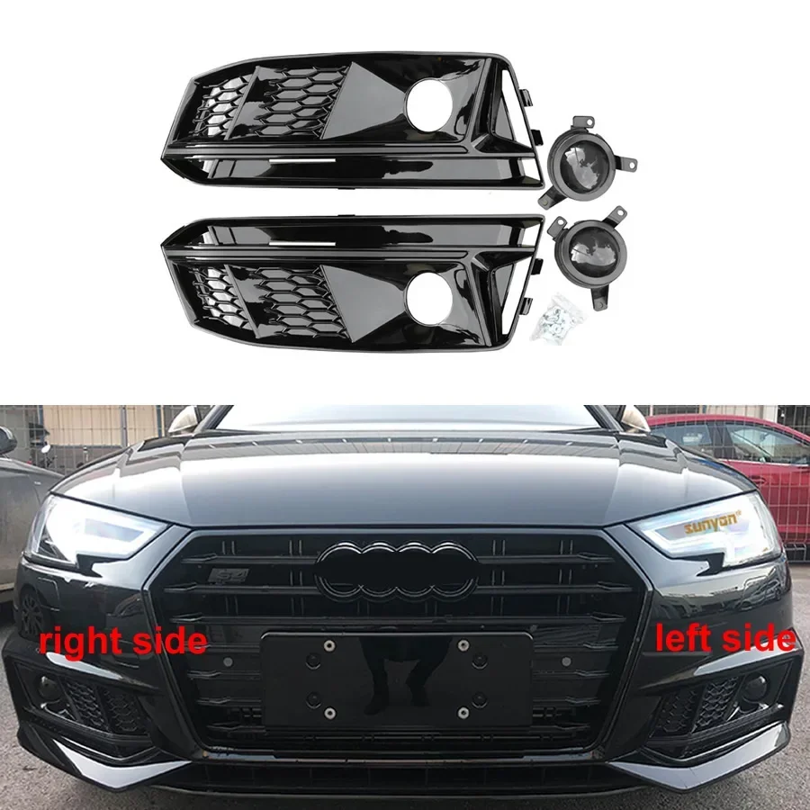 For Audi A4 A4L Sports Version 2017 2018 2019 Front Bumper Fog Light Lamp Grille Protector Cover Trim w/ACC All Black