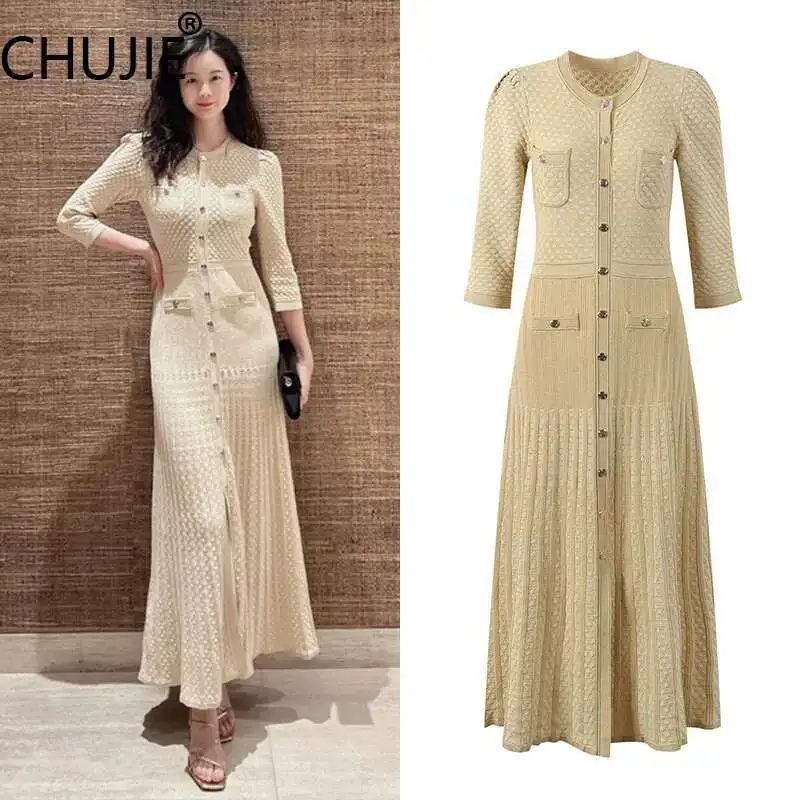 CHUJIE 2025 Robe d'été d'inspiration française – Midi en tricot transparent avec accent de boutons, coupe défini à la taille en kaki/bleu