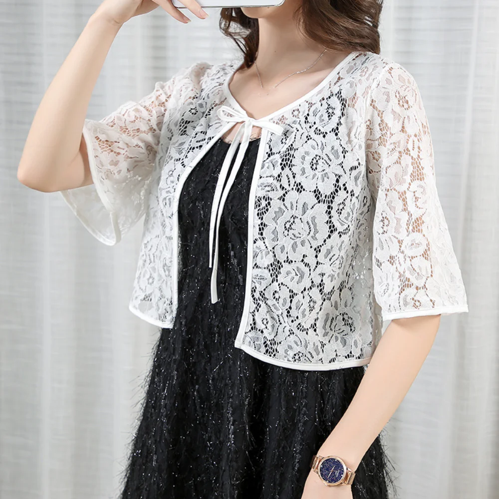 Flower Mesh Small Shawl Jacket Transparent Hollow Lace Cardigan Shirt Beach Shirts Coat Short Sleeve