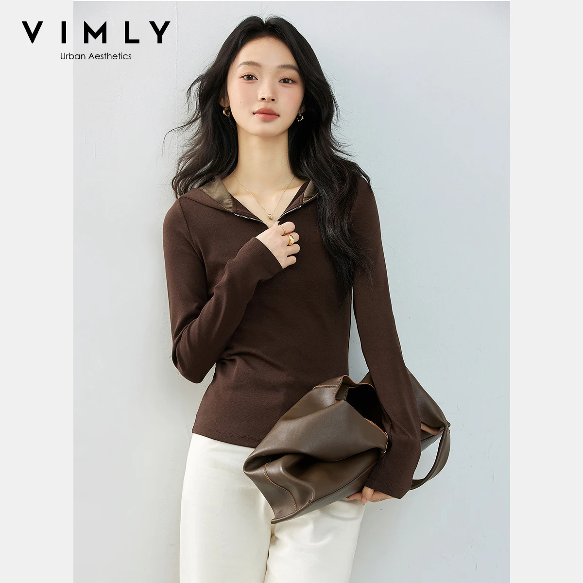 

VIMLY Women's Hoodies 2025 Autumn Casual Slim Fit Half-zipper Long Sleeve Sweatshirt Hooded Patchwork Ladies Tops A1926