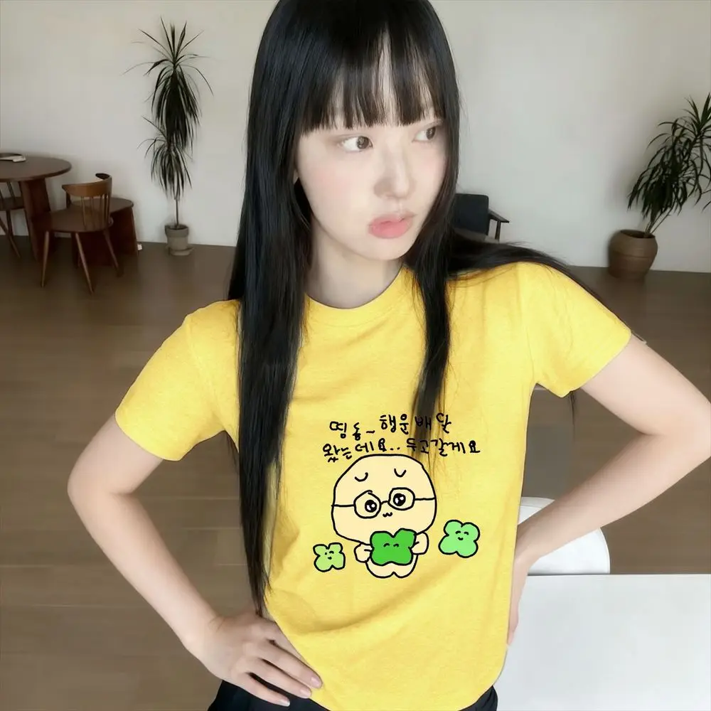 Yellow Character with Glasses and Clover Print T-Shirt Women Kawaii Summer Short Sleeve Korean Text Harajuku Y2k Streetwear Tops image 2