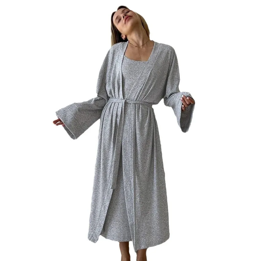 ฤดูใบไม้ผลิใหม่ลายสีเทาบุคลิกภาพสลิง Nightdress แขนยาว Robe 2 ชิ้นชุดสําหรับสตรีชุดนอน 2 ชิ้นเสื้อผ้า
