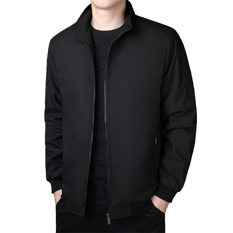 Men Fleece Lined Jacket Winter Stand Collar Warm Casual Coat For Middle Aged Men