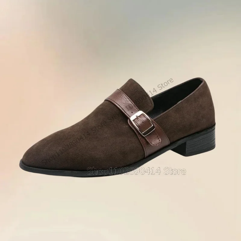

Brown Black Buckle Decor Flock Men Shoes Fashion Slip On Male Shoes Luxury Handmade Party Feast Banquet Office Men Casual Shoes