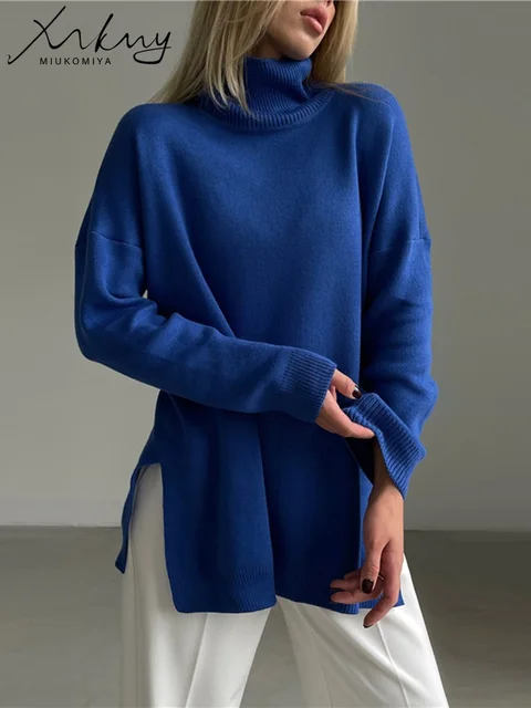 Jesienno-zimowe swetry damskie z golfem damskie swetry z rozcięciem z boku swetry z dzianiny świąteczny sweter Oversize Pull dla kobiet