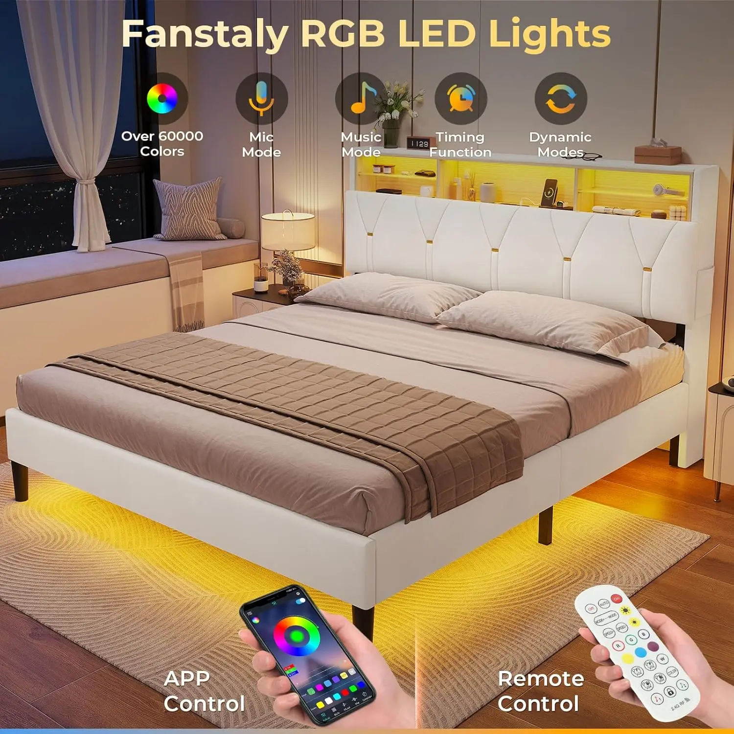 Large bed frame with storage headboard and RGB LED lights, equipped with Type-C and USB charging stations, milky white