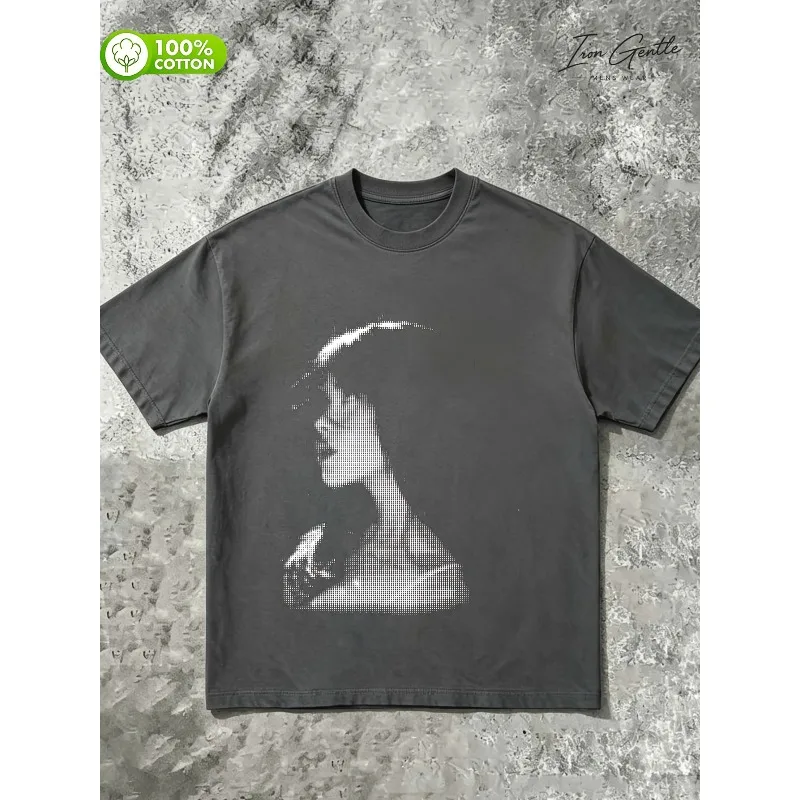 T-shirt portrait rétro Y2K, haut ample de style streetwear, t-shirt à col rond, style streetwear, vêtements décontractés et tendance.