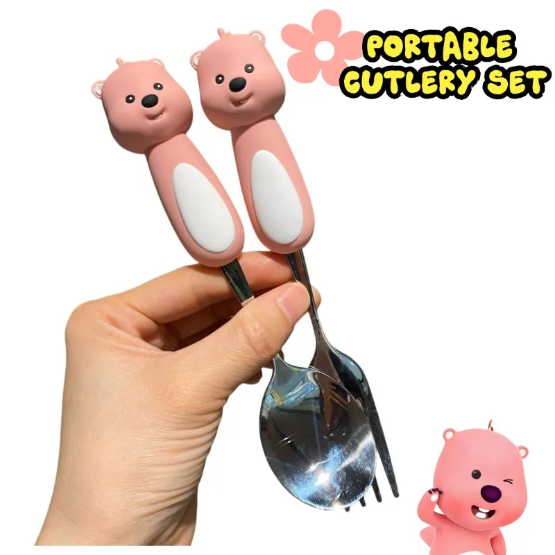 Ins Cute Cartoon Loopy Tableware Set Pink Beaver Spoon Fork Cutlery Set Portable Lunch Box Student Adult Outdoor Travel Gift