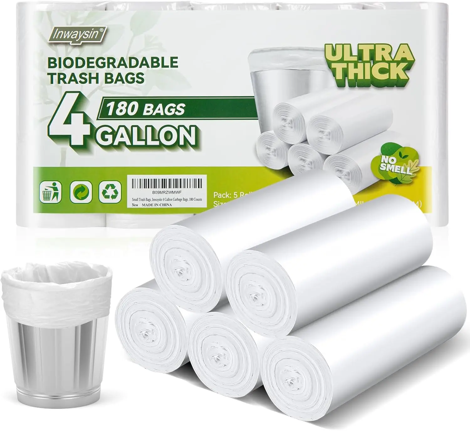 

Biodegradable 4-6 Gallon Trash Bags, Ultra Thick & Strong, Unscented, Easy Tear for Bathroom, Bedroom, Office - 180 Counts
