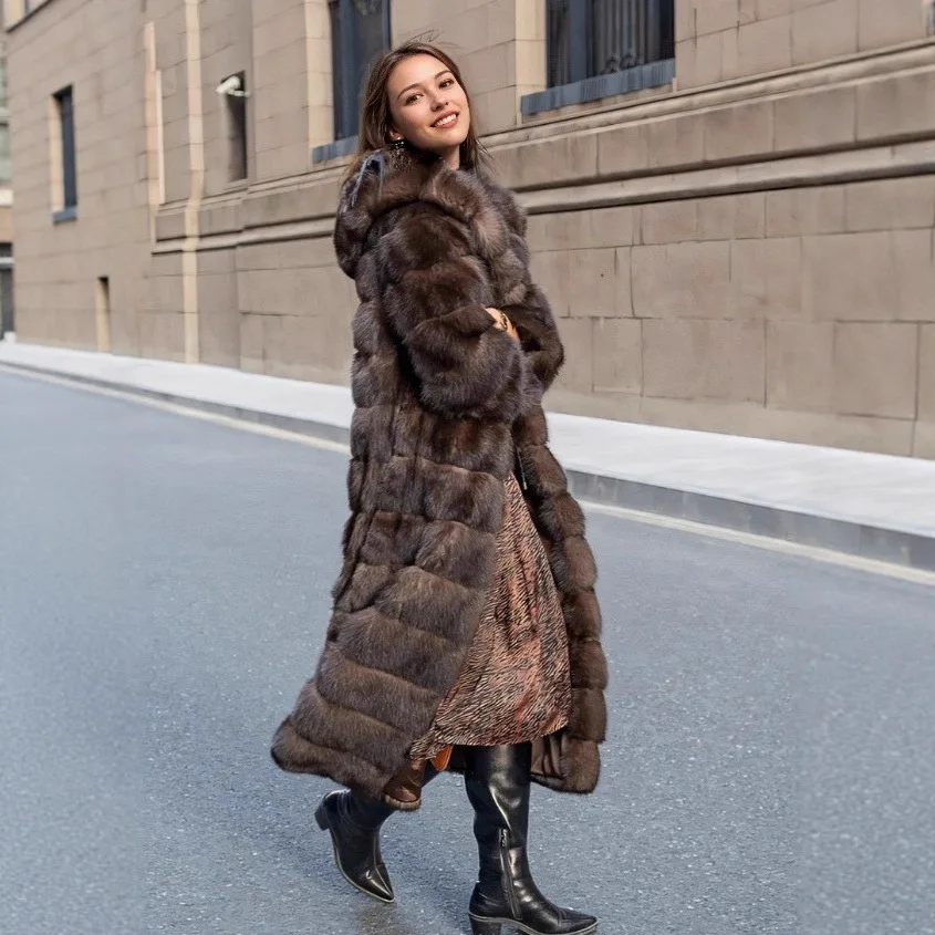 Chaqueta de piel sintética marrón Vintage para mujer, abrigo de piel sintética grueso y cálido con capucha para mujer, prendas de vestir de piel de visón, abrigo largo elegante de piel ecológica para mujer