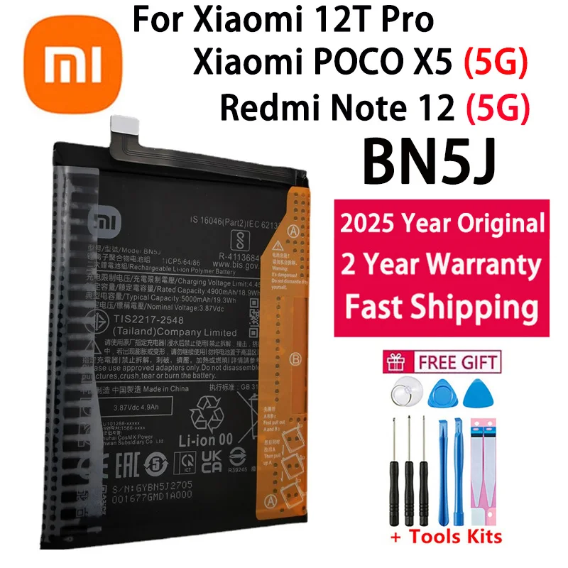 

2025 Years 100% Original Battery 5000mAh BN5J For Xiaomi Redmi Note 12 5G / 12T Pro / POCO X5 5G Mobile Phone Batteries Bateria