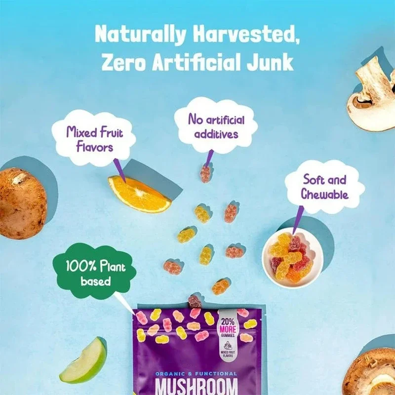 80 Count Organic Mushroom Gummies with Ashwagandha & Lions Mane Immune Support & defense, Brain Boost, Vegan view 3