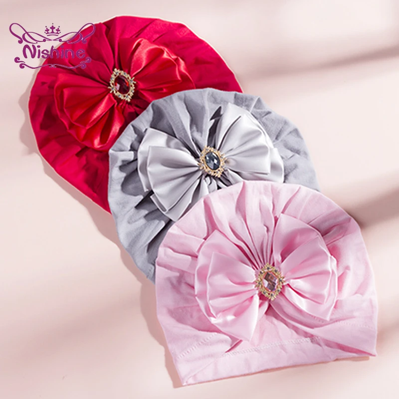 Nishine Fashion Rhinestone Bowknot Infant Indian Hat Soft Cotton Baby Girls Caps Handmade Children Hair Accessories Gifts