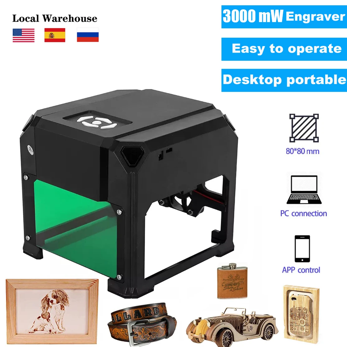 3000mw 레이저 조각기 CNC 3w 미니 레이저 조각 기계 DIY 로고 마크 프린터 커터, 휴대용 CNC 목공 기계