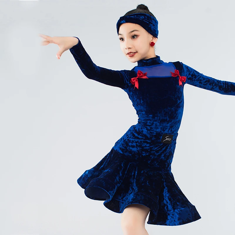 Fashion Velvet Performance Dancing Clothes For Girls Long Sleeves Latin Dance Dress Children'S National Standard Dresses DW10235