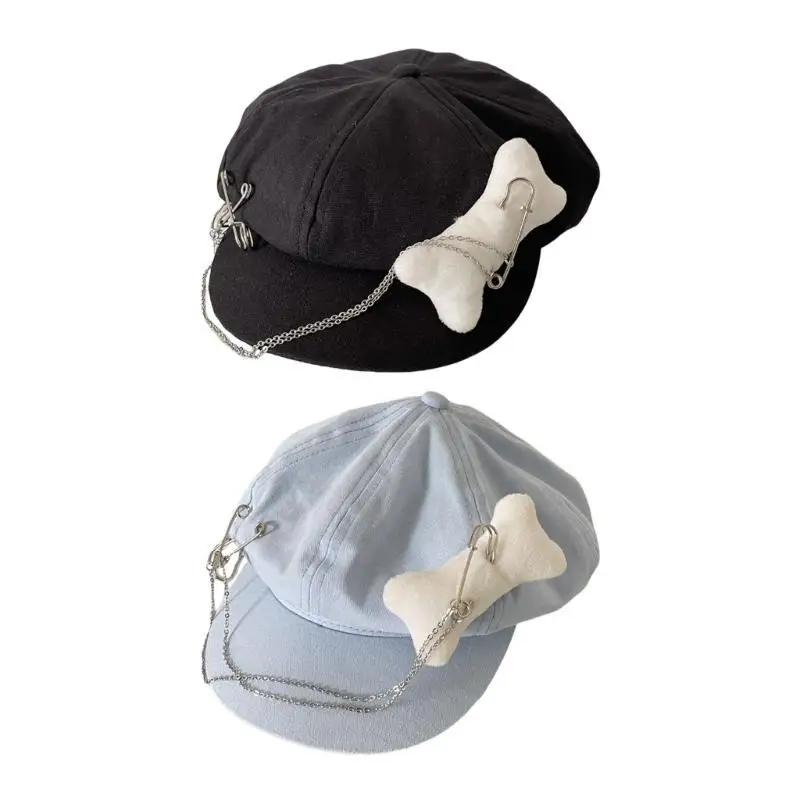 

652F Trendy Painter Hat with Metal Chain Flat Hat British for Dating Photography Cabbie Headwear Painter Hat Autumn