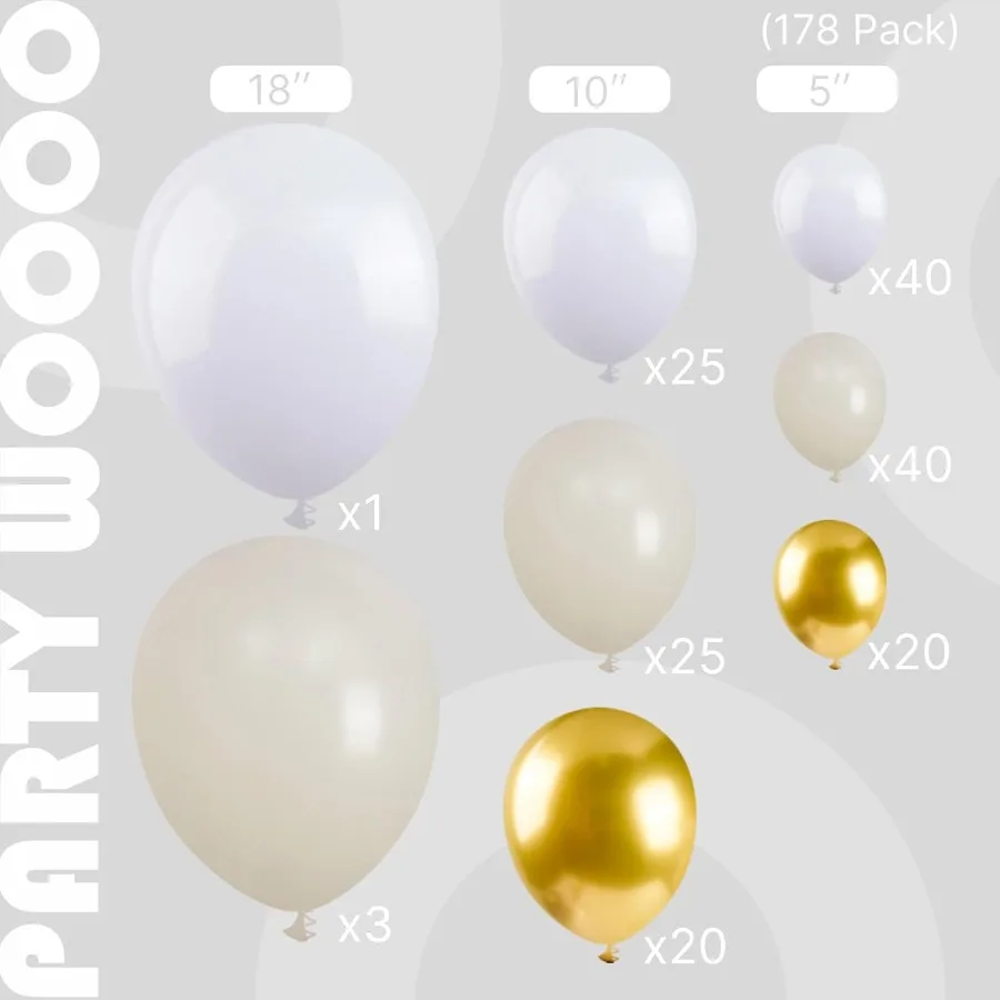 طقم قوس بالونات باللونين الأبيض والذهبي مع 178 قطعة بأحجام مختلفة بما في ذلك 18 12 10 و5 بوصة رمل أبيض معدني ذهبي #3