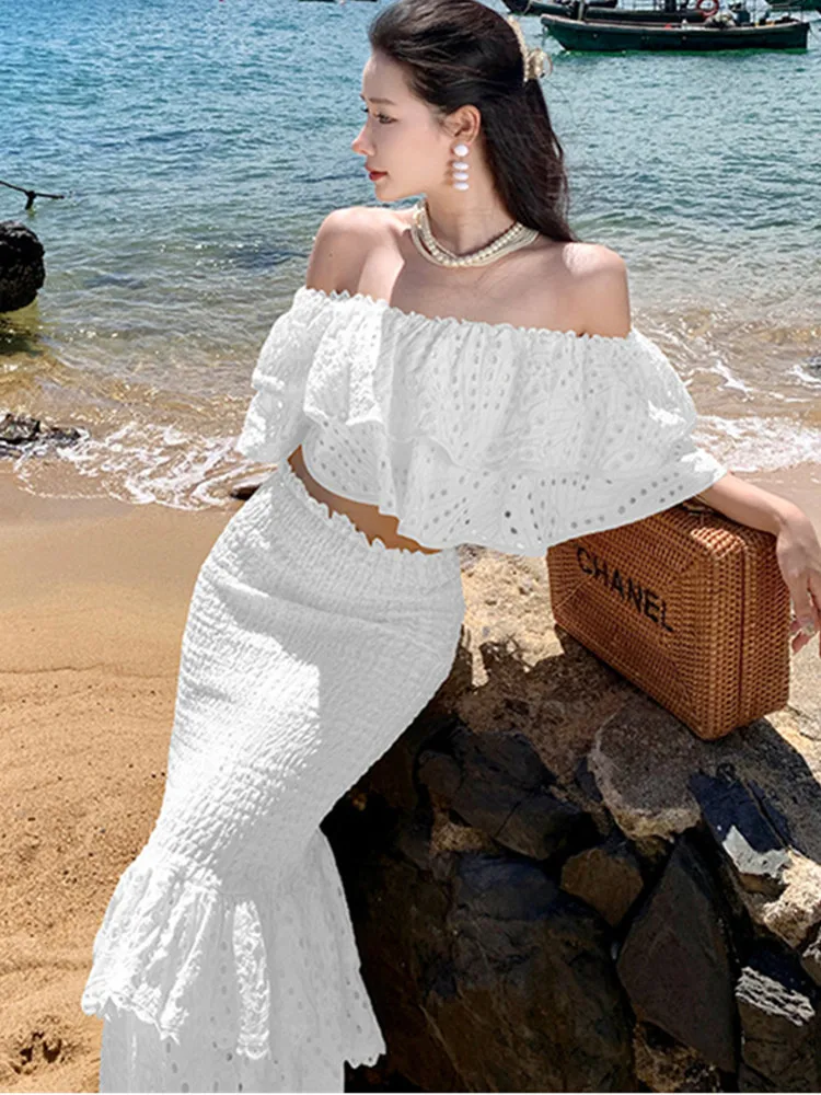 SMTHMA Ruffle Embroidery One Shoulder Short Top+Slimming High Waist Mermaid Skirt Two Piece Set For Women\'s Vacation Style Suit