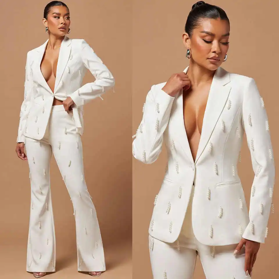 

Charming Pearls Blazer 2 Pieces Elegant Full Sleeve Beading Jacket Customized Fashion Flare Pants Power Gown