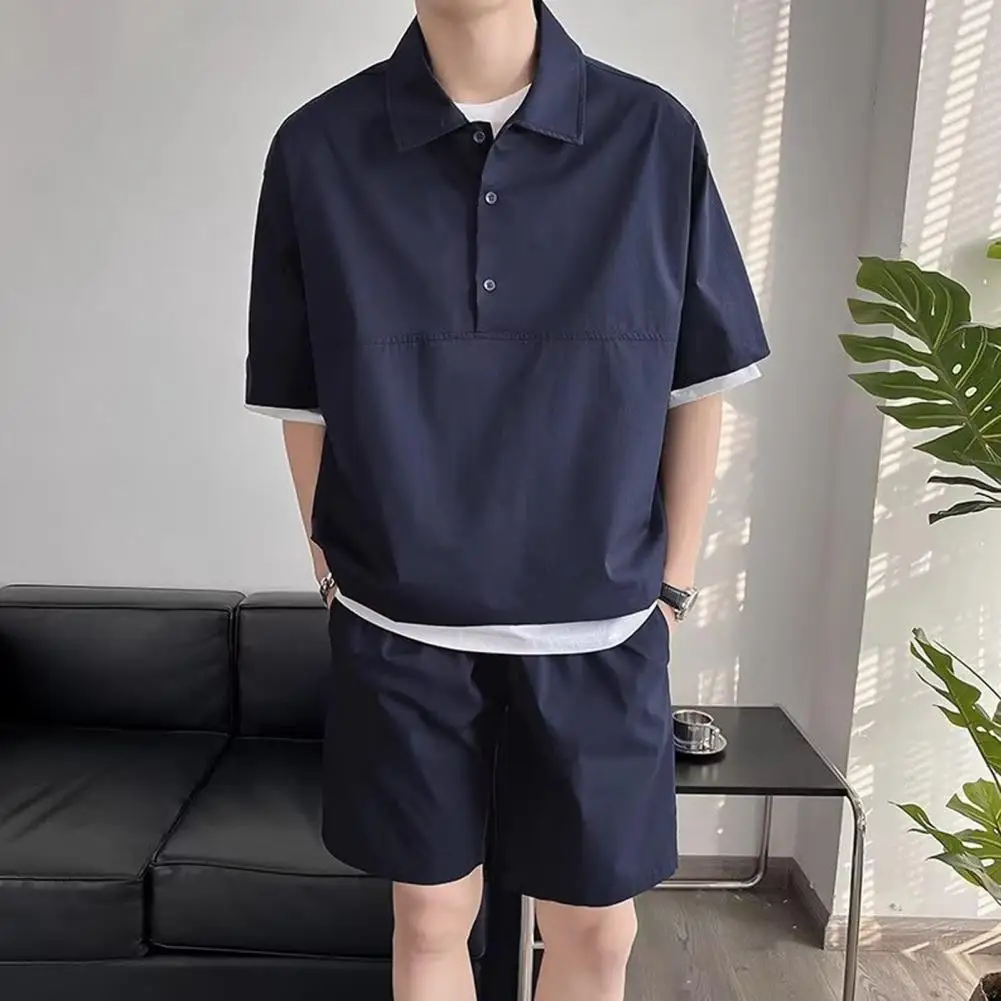 Casual Men Suit Men's Sporty Lapel Shirt Elastic Waist Shorts Set with Pockets Half Placket Short Sleeve for Active for Casual