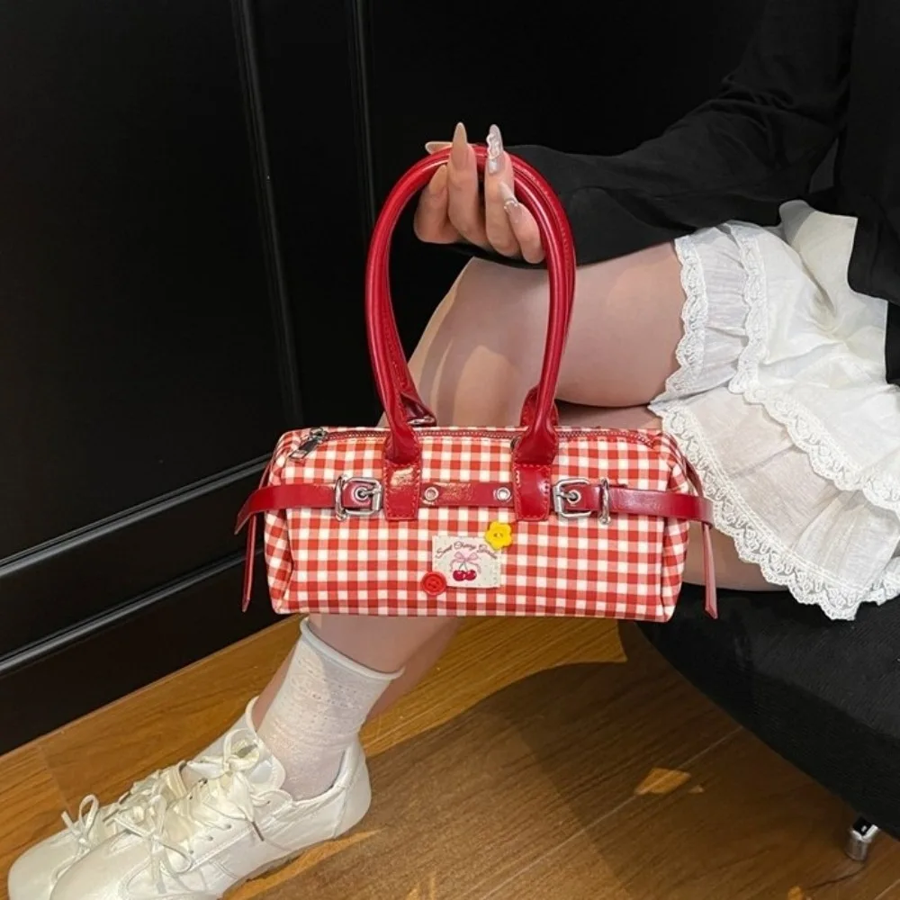 

Portable Bow Grid Shoulder Bag Seersucker PU Leather Women Underarm Bag Commuting Korean Style Bowling Bag Ladies