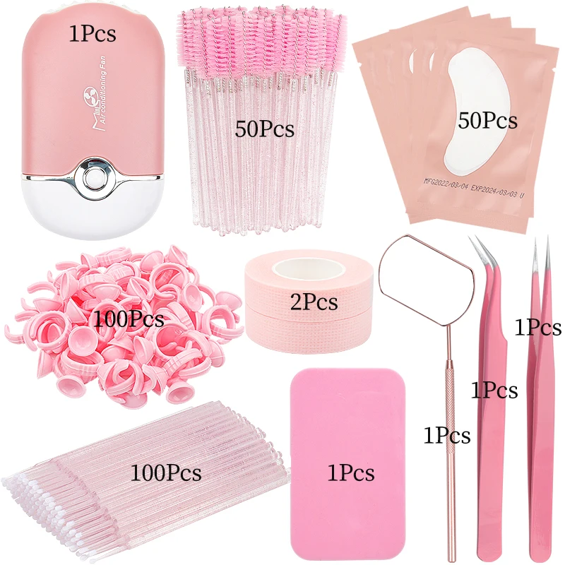 Eyelash Extension Supplies Kit Eyelash Fan Dryer Eye Pads Patches Tweezers Glue Rings Mascara Wands Micro Brushes Applicators