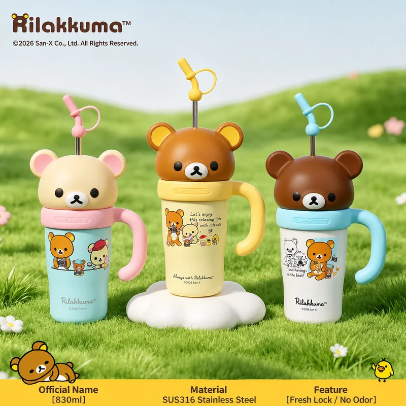 MTUTU Rilakkuma Large Capacity Water Cup 830ml Sus316 Stainless Steel Portable Cartoon Bear Straw Travel Drinking Bottle