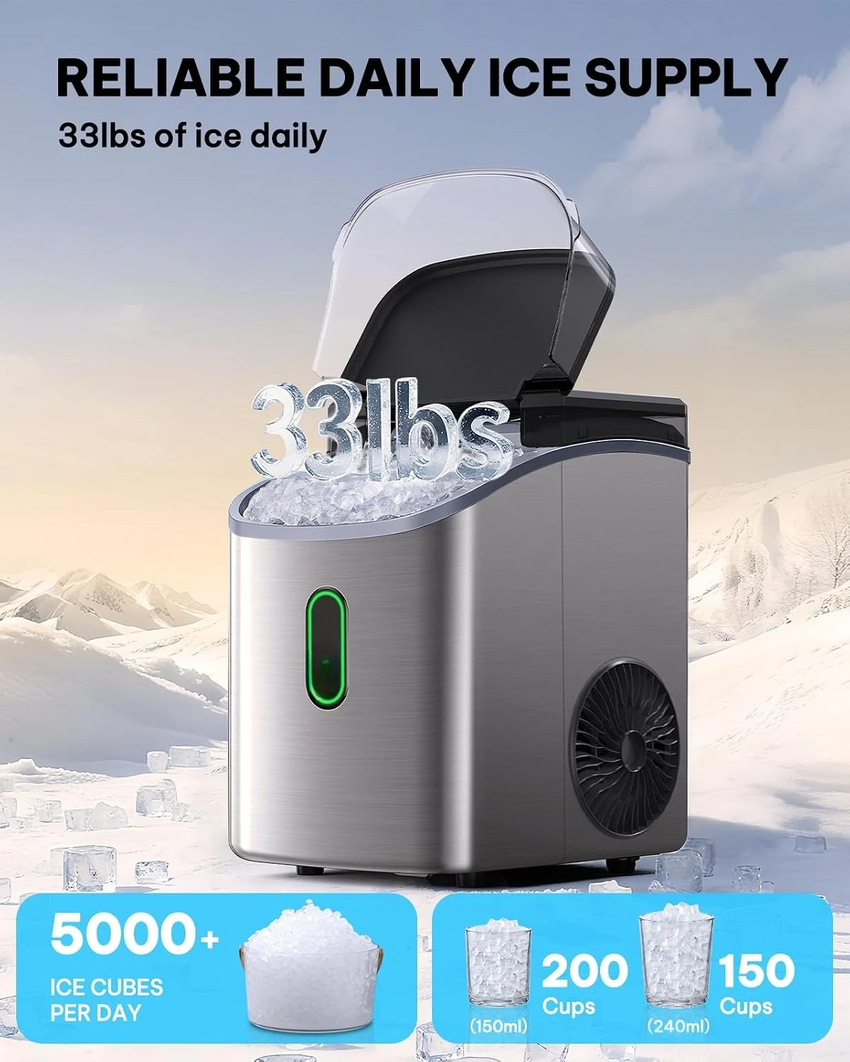 Nugget Ice Maker Countertop, Pebble Ice Maker with Soft Chewable Ice, One-Click Operation Ice Machine with Self-Cleaning, 33lbs/24H, Stainless Steel